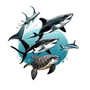 sea life including shark, whale, dolphins, turtle, manta ray tattoo design idea
