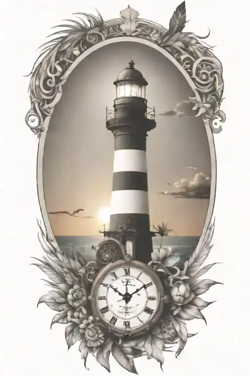 Light house, ship wheel with a clock, Indian feather, tropical fish, motorcycle tattoo design idea