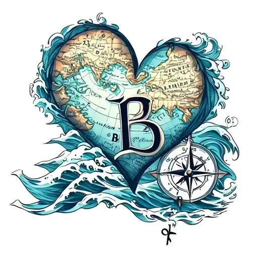 a heart in shape of a letter B in sea waves and compass and map tattoo design idea