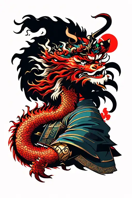 japanese sleeve with honda tadakatsu as the samurai with a red dragon, from the bicep down to wrist and a lion above  tattoo design idea