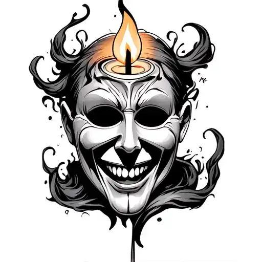 laugh now cry later mask candle burning tattoo design idea