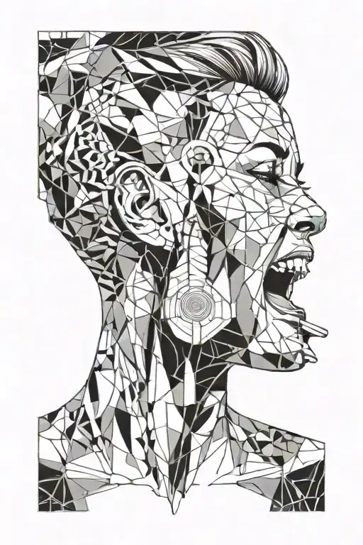 woman screaming, hands on the ears, short hair masculine presenting. the head is divided in blocks shifted left and righ tattoo design idea