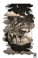 wolf above the clouds with it raining with a little kid in the rain tattoo design idea