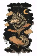 wolf above the clouds with it raining with a little kid in the rain tattoo design idea