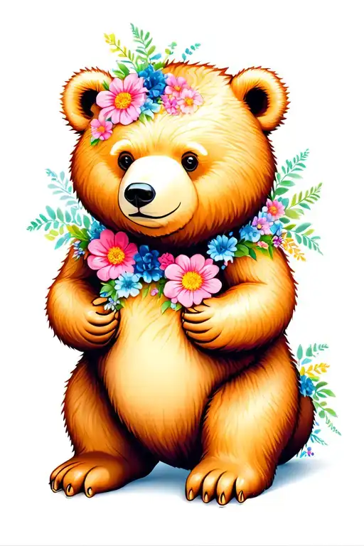 A Bear sitting/standing slightly sideways, realistic features, decorated with flowers, colors pastel, calming tattoo design idea