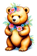 A Bear sitting/standing slightly sideways, realistic features, decorated with flowers, colors pastel, calming tattoo design idea