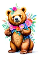 A Bear sitting/standing slightly sideways, realistic features, decorated with flowers, colors pastel, calming tattoo design idea