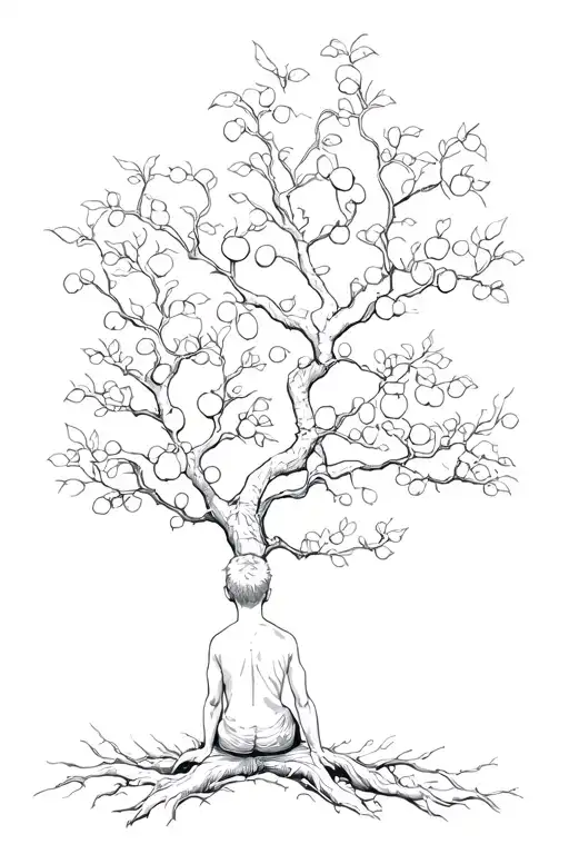 apple tree and there are a boy sitting on the tree. visualisation of back tattoo design idea