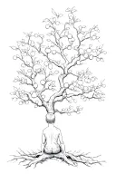 apple tree and there are a boy sitting on the tree. visualisation of back tattoo design idea