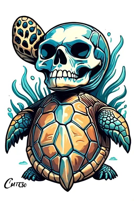 skull  sea turtle tattoo design idea
