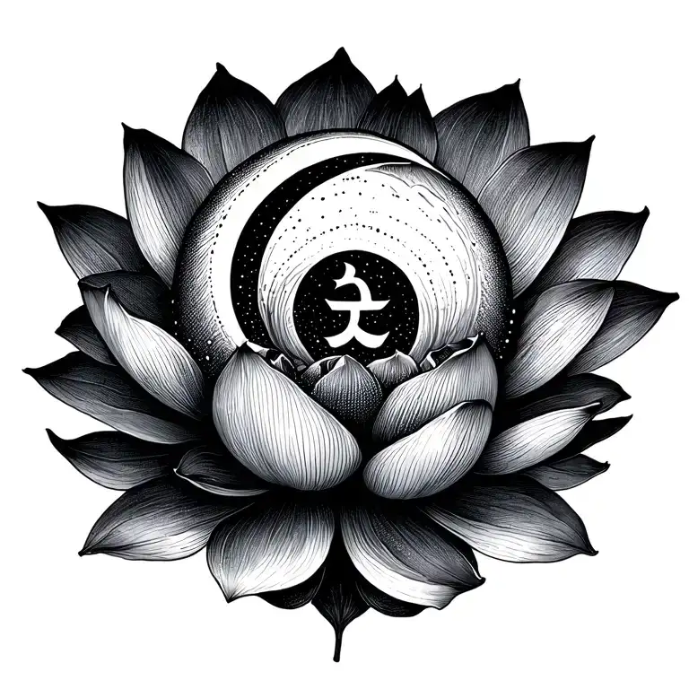 A fine-line lotus flower with 8 petals. In the center, a crescent moon cradles the Jupiter glyph (♃).A soft water rippl tattoo design idea