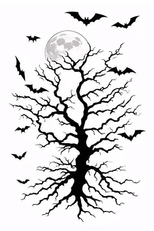 poison tree with bats flying across and a moon rising tattoo design idea