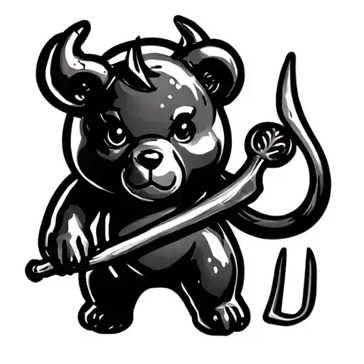 gummy bear with devil horns and a pitch fork with a tail tattoo design idea