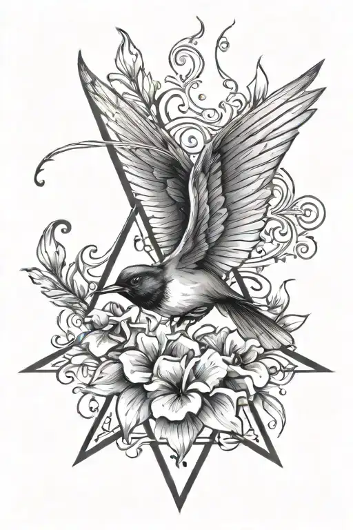 simple triangle and heart with music notes and iris flower and swallow bird tattoo design idea
