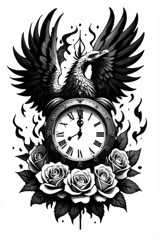 healing clock with roses as the outline phoenix rising from the ashes tattoo design idea