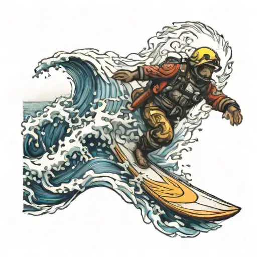 surf firefighter wave ocean sun and moon tattoo design idea
