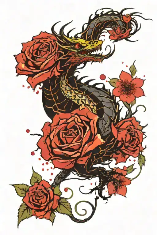 yellow red tipped rose and cherry blossom dragon emerging tattoo design idea