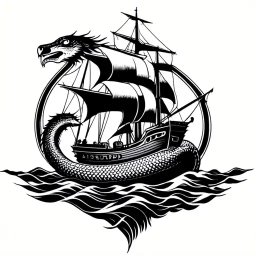 Year 2001 and year of the snake and ship sailing towards tattoo design idea