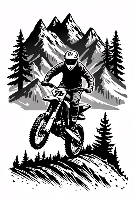 mountains and evergreen trees with a dirtbike silhouette doing a wheelie infront tattoo design idea