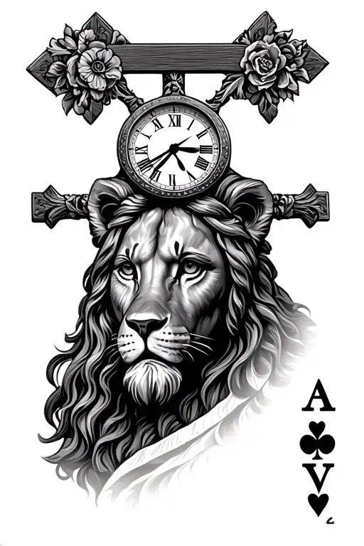 jesus, Lion, Cross, clock, playing card Queen of hearts tattoo design idea