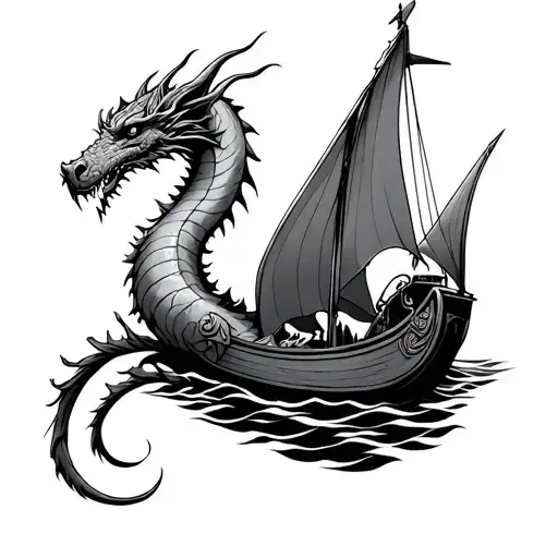 norse dragon and long boat floating tattoo design idea