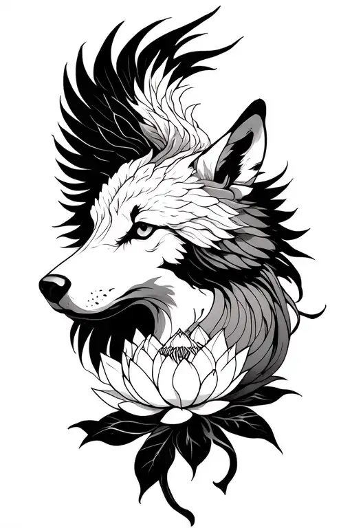 Fine Line Phoenix rising from lotus flower above a feminine wolf head  tattoo design idea