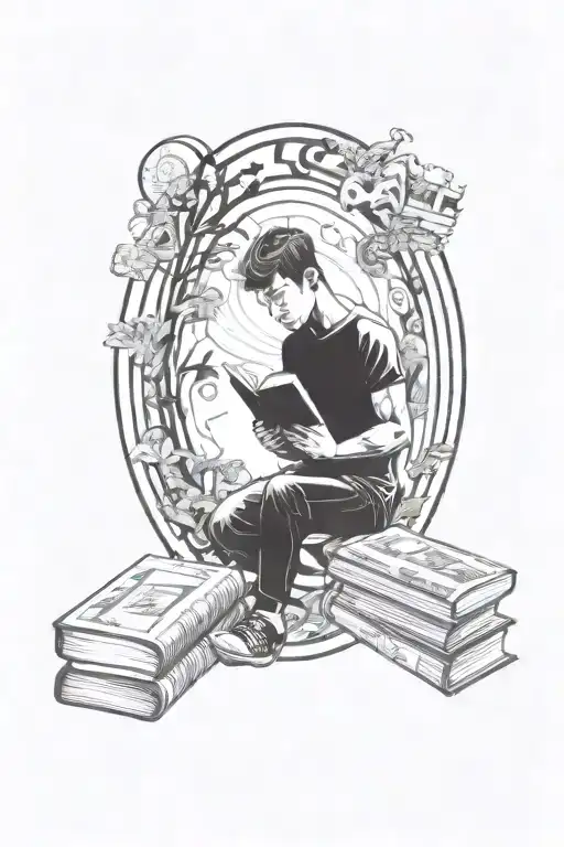 A stylized silhouette of a man reading a book, surrounded by swirling patterns representing shopping bags and weights, with a background of a serene nature scene tattoo design idea