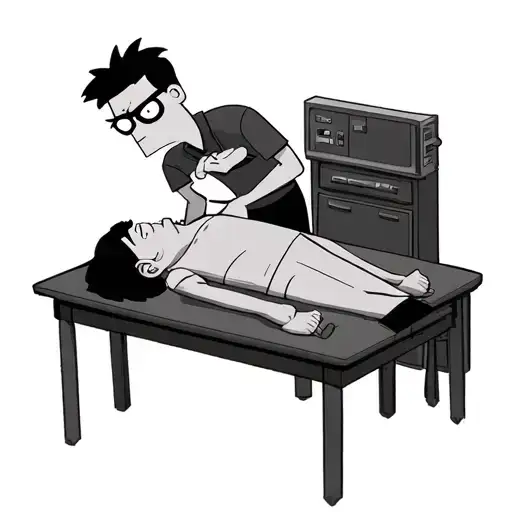 Dexter from dexters laboratory standing above Deedee lying flat on table suran wrapped tattoo design idea