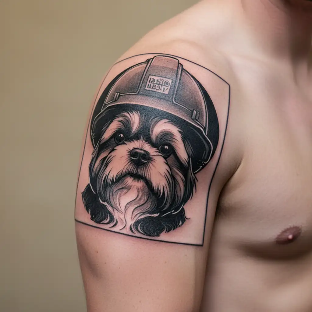 shih tzu dog wearing engineer helmet, background of yin and yang, tattoo design idea