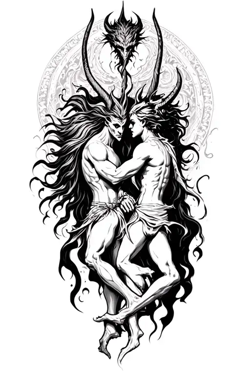 god and devil fighting tattoo design idea