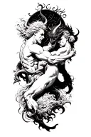 god and devil fighting tattoo design idea