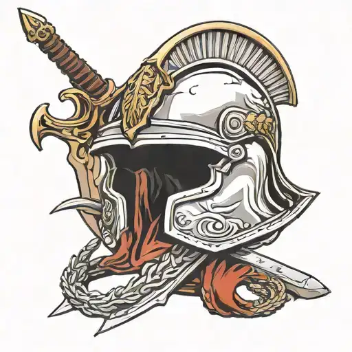 roman helmet adorned on a long sword embedded in the ground with a ww2 German helmet at the base  tattoo design idea
