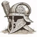 roman helmet adorned on a long sword embedded in the ground with a ww2 German helmet at the base  tattoo design idea
