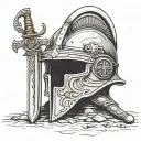 roman helmet adorned on a long sword embedded in the ground with a ww2 German helmet at the base  tattoo design idea