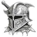 roman helmet adorned on a long sword embedded in the ground with a ww2 German helmet at the base  tattoo design idea