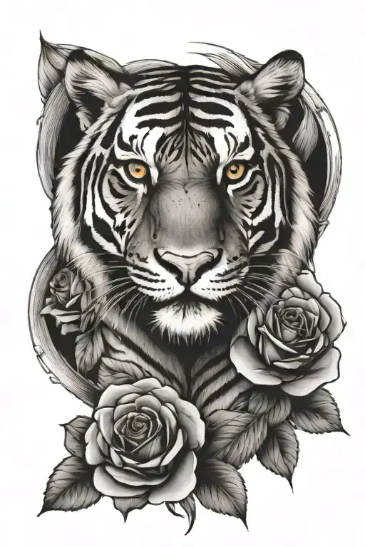 tiger face and roses growing tattoo design idea