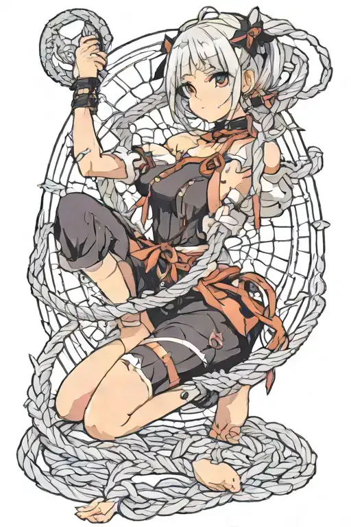 anime character girl on her knees tied with a rope, eyes also tied on the forehead moon in hand holding scales in the other blade tattoo design idea