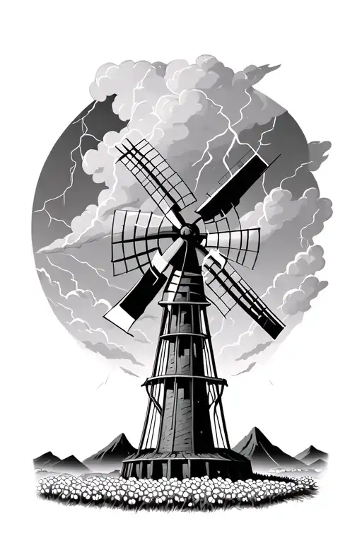 windmill surrounded by cotton with thunderstorm overhead and mountains in background tattoo design idea
