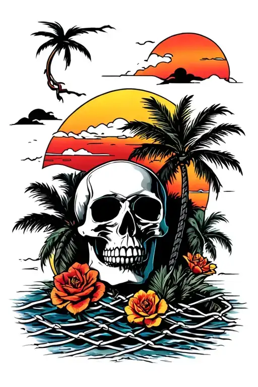 sunset beach skull surrounded chain link tattoo design idea