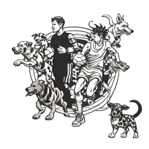 A dynamic tattoo of an anime character training a group of dogs in various sports, capturing the coach's passion for both anime and dogs in a blackwork design tattoo design idea