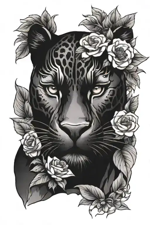 black panther head with flowers surrounding tattoo design idea