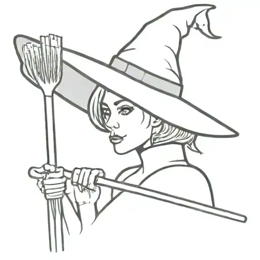 Short straight hair witch with witch hat and broom tattoo design idea