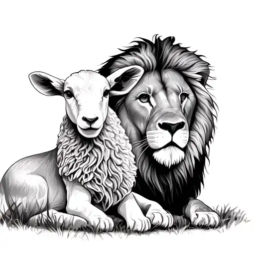 lion and lamb resting together. lion protectfully fine line tattoo design idea