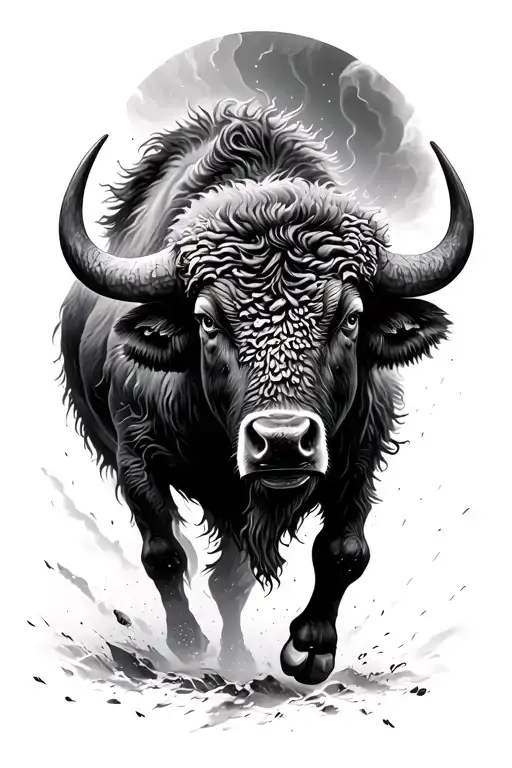 buffalo running into storm tattoo design idea