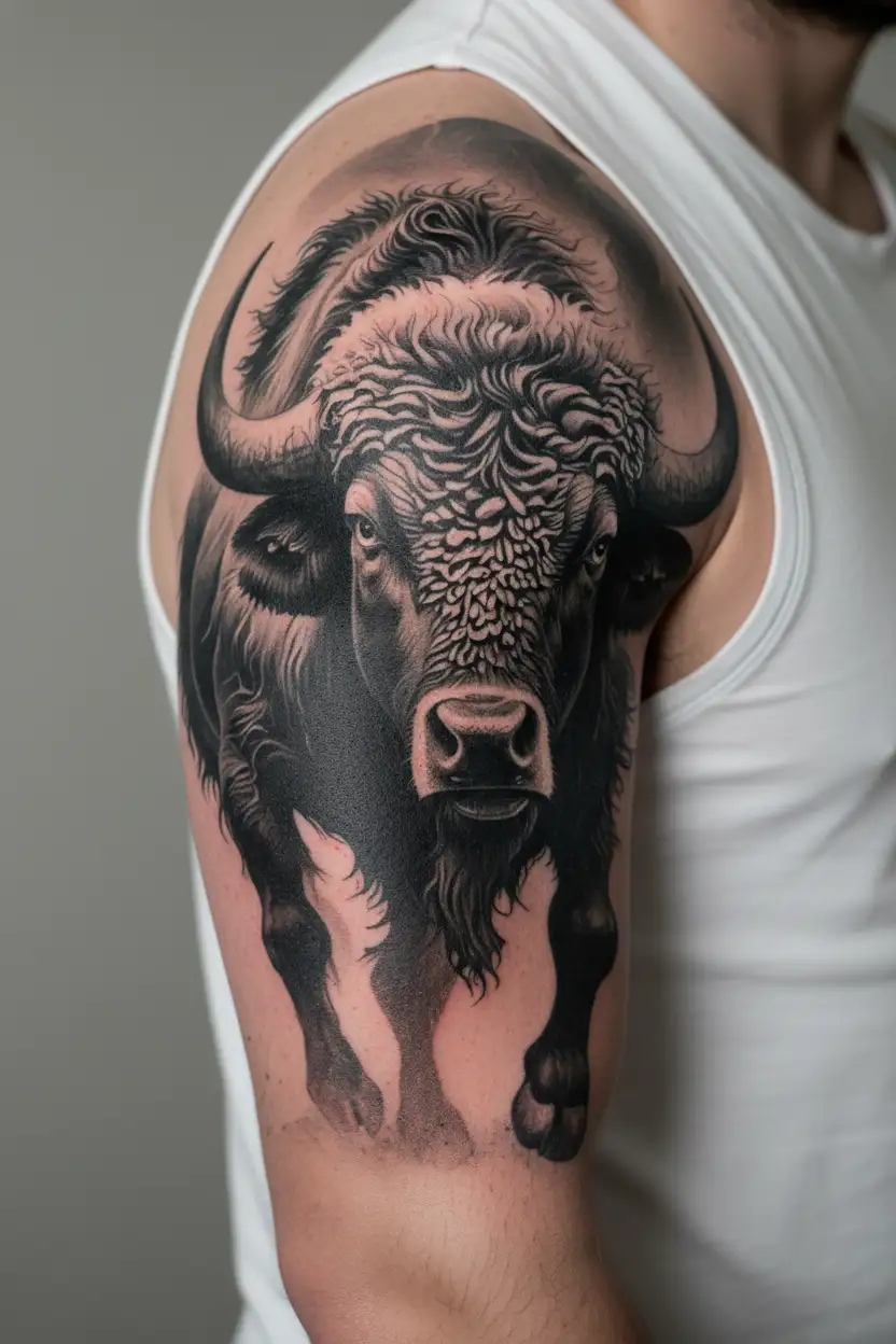 buffalo running into storm tattoo design idea