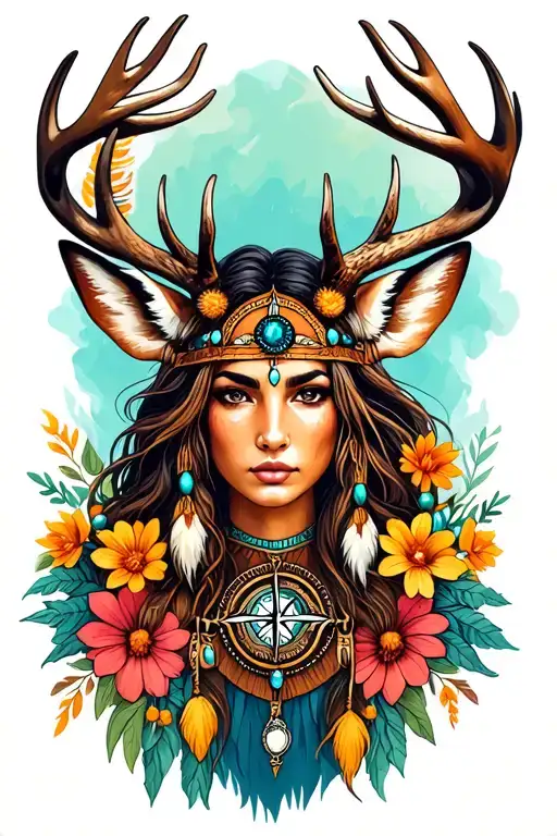deer with wild flowers compass jewels native women warrior  tattoo design idea