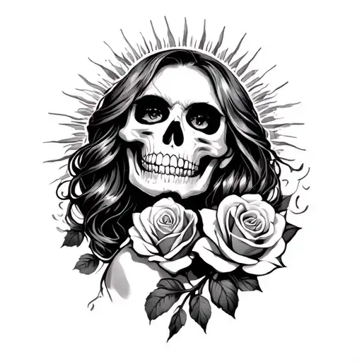 beautiful woman storm sun happy angry skull roses  tattoo design idea