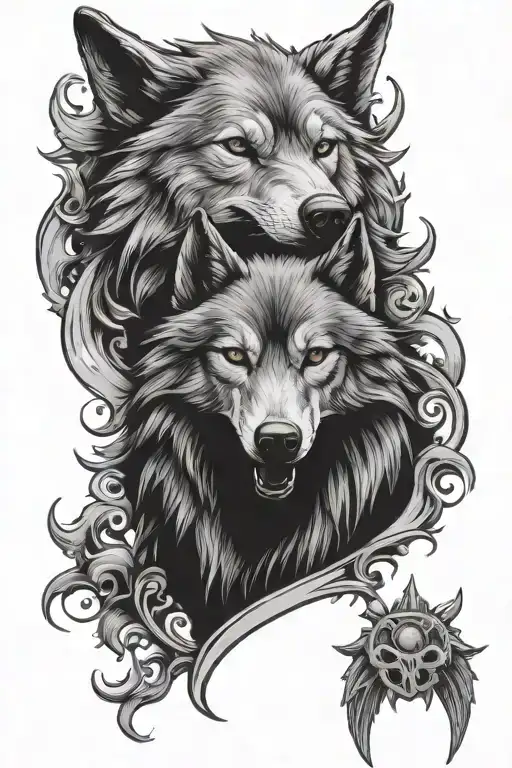 crest of a wolf and a anatonmical heart made tattoo design idea