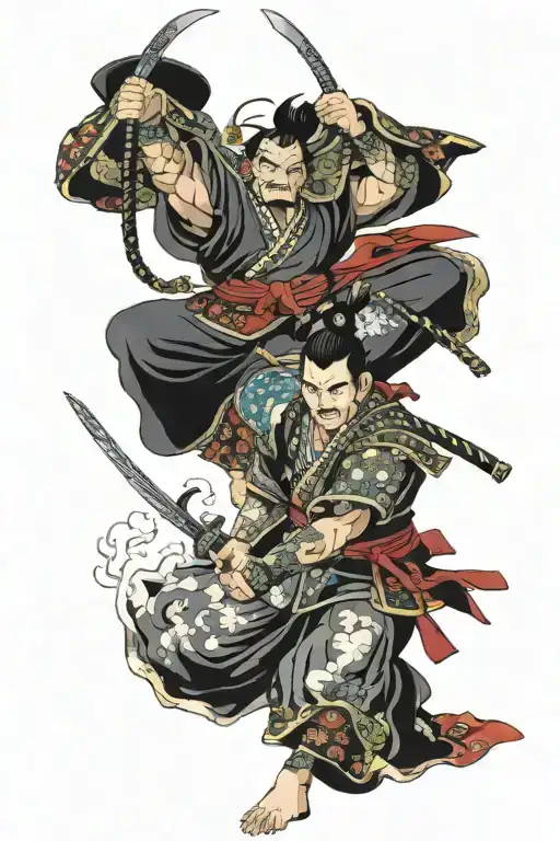 Horimono and Wabori, Central Element: The Warrior Warrior Figure: Pose: Depict the warrior in a dynamic, victorious pose tattoo design idea