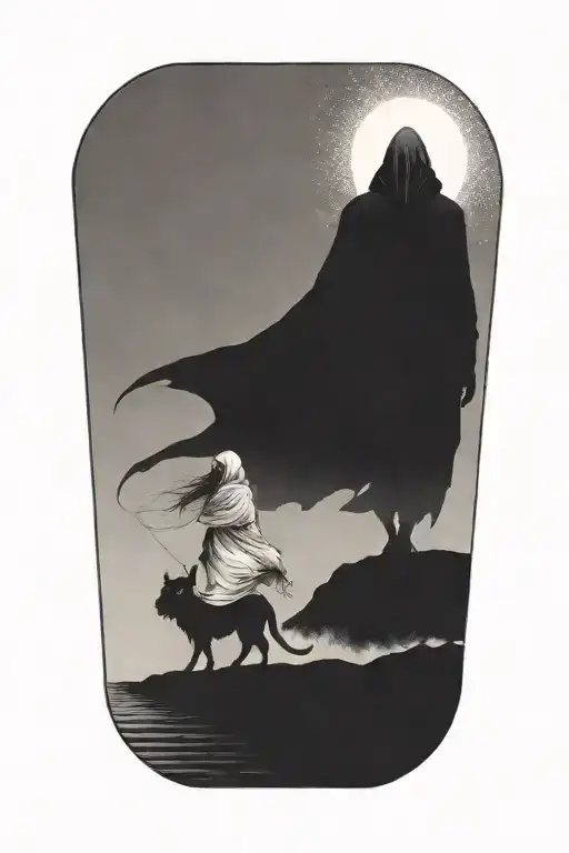 a girl and a huge hooded demon beast walking away tattoo design idea